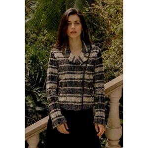 Lucky Brand Women's Black Gray Plaid Knit Zip‑Up Jacket Pockets Size Large